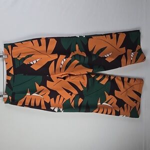 SHEIN Women's Tropical Plant Print Wide Leg Pants Orange /Green Sz L